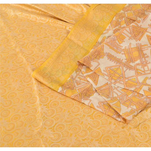 Sanskriti Vintage Ivory/Yellow Sarees Pure Silk Woven Printed Sari Craft Fabric