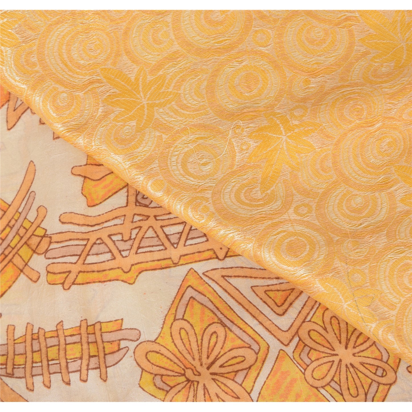 Sanskriti Vintage Ivory/Yellow Sarees Pure Silk Woven Printed Sari Craft Fabric