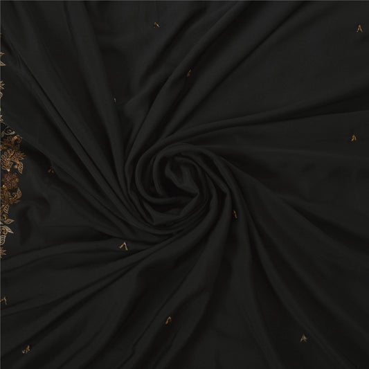 Sanskriti Vintage Hand Beaded Blend Crepe Saree Black Bollywood Sari 5Yd Fabric