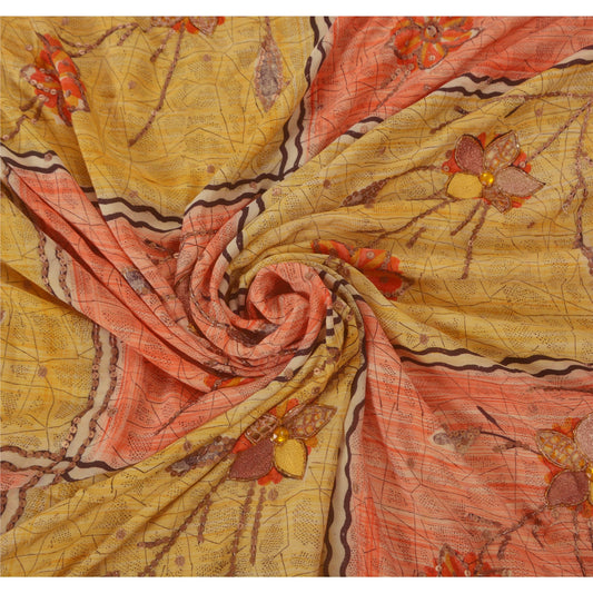 Sanskriti Vintage Orange Sarees Pure Crepe Silk Hand Beaded Fabric Craft Sari