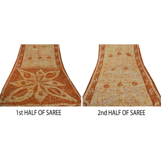 Sanskriti Vintage Cream Sarees Pure Silk Batik Work Sari Craft 5 Yd Decor Fabric