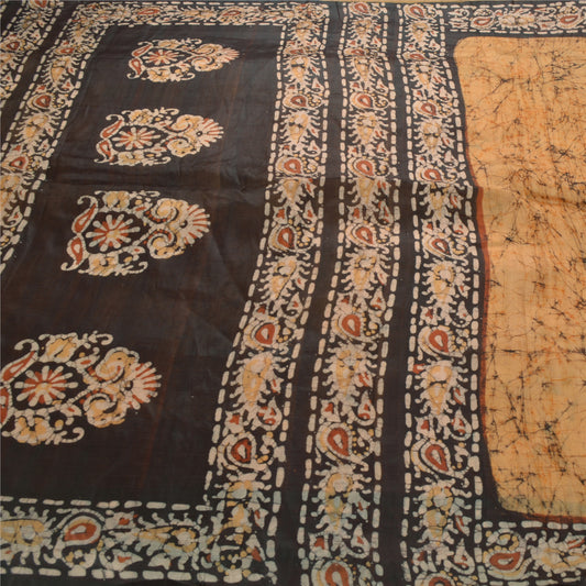 Sanskriti Vintage Batik Work Pure Silk Saree Cream-Brown Sari 5+Yd Craft Fabric