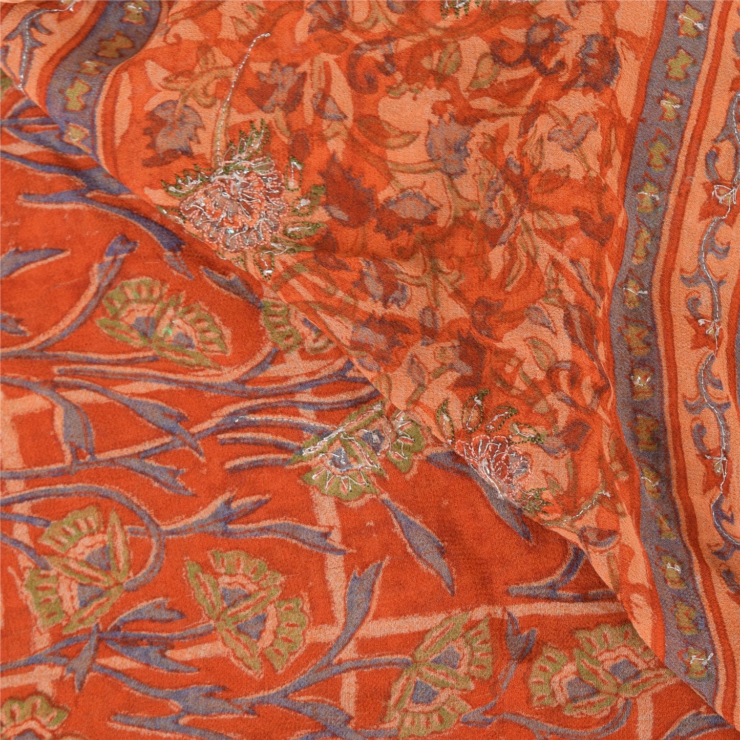 Sanskriti vintage Sarees Pure Georgette Silk Hand Beaded Premium 5yd Sari Fabric