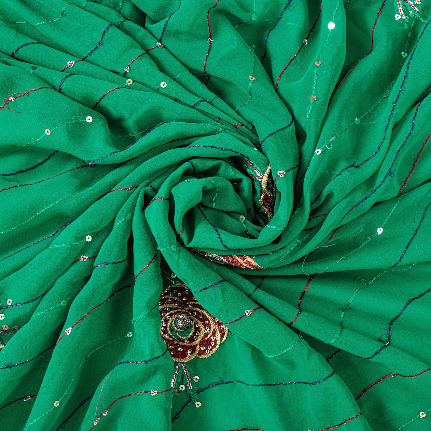 Sanskriti Vintage Sari Georgette Green Sarees Embroidered Thread Sequins Work Lace Work Craft Supplies Fabric With Blouse Piece
