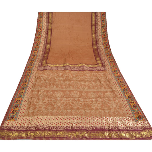 Sanskriti Vintage Dark Peach Sarees Pure Silk Hand Beaded Woven Sari 6yrd Sustainable Fabric
