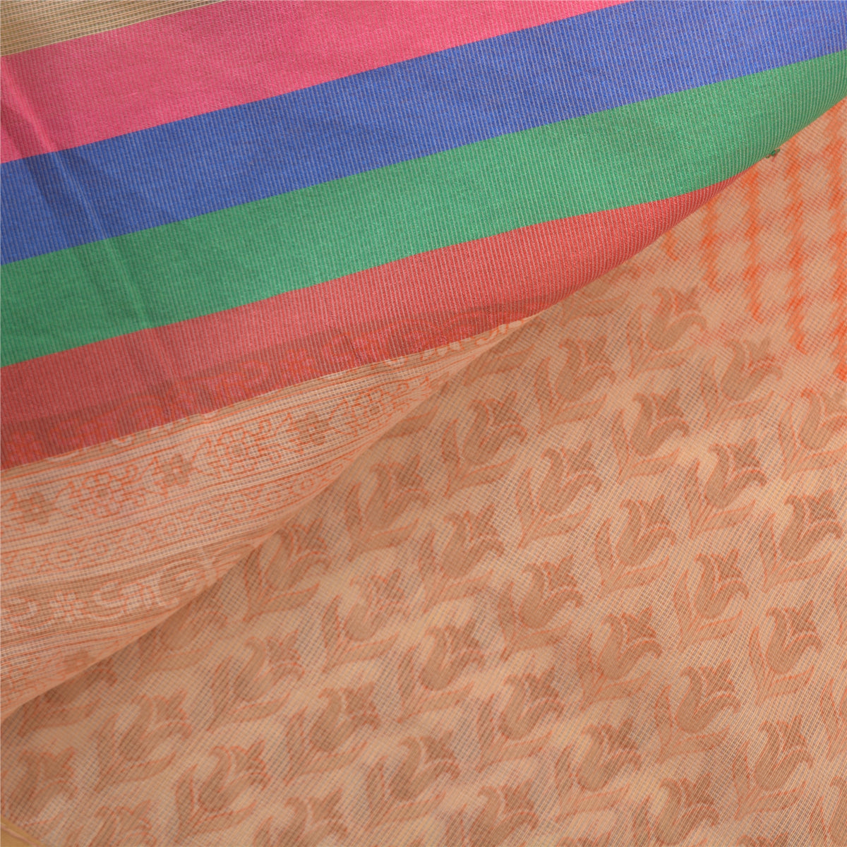 Sanskriti Vintage Kota Woven-Printed Cotton Saree Peach Sari 6 Yard Craft Fabric