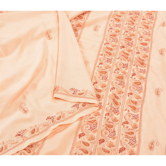 Sanskriti Vintage Hand Embrodered-Beaded Art Silk Saree Peach Sari 5 Yd Fabric
