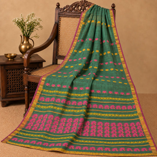 Sanskriti Vintage Begumpuri Peacock Hand-Woven Blend Silk Green Saree 5Yd Sari