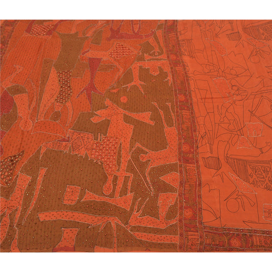 Sanskriti Vintage Hand Beaded Pure Silk Saree Rusty Orange Sari 5Yd Craft Fabric