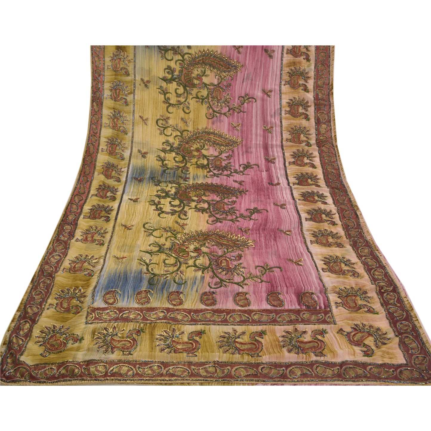 Sanskriti Vintage Indian Sarees Georgette Glass Beads Sari Craft Painted Fabric