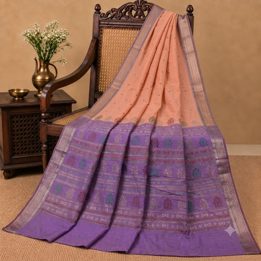 Sanskriti Vintage Odisha Hand Woven Zari Art Silk Saree Peach-Purple Sari Fabric
