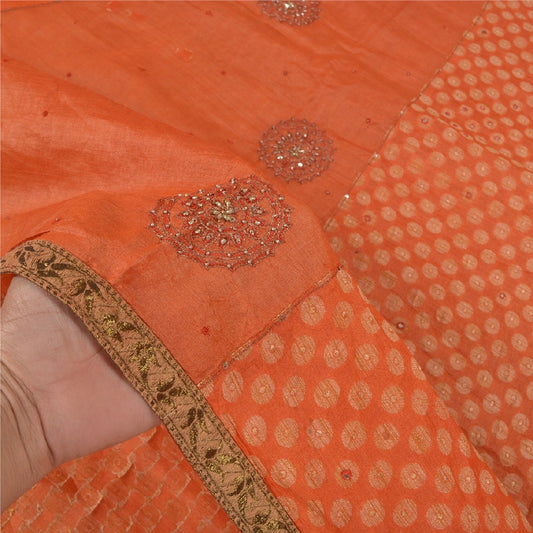 Sanskriti Vintage Hand Beaded Craft Supplies Pure Silk Orange Sarees Woven Sari