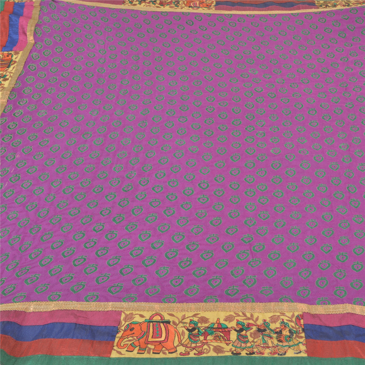 Sanskriti Vintage Embroidery Patch-Print Blend Georgette Saree Purple 5Yd Fabric