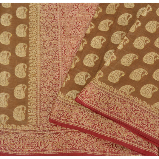 Sanskriti Vintage Brown/Red Sarees Pure Silk Handwoven Premium Sari Craft Fabric