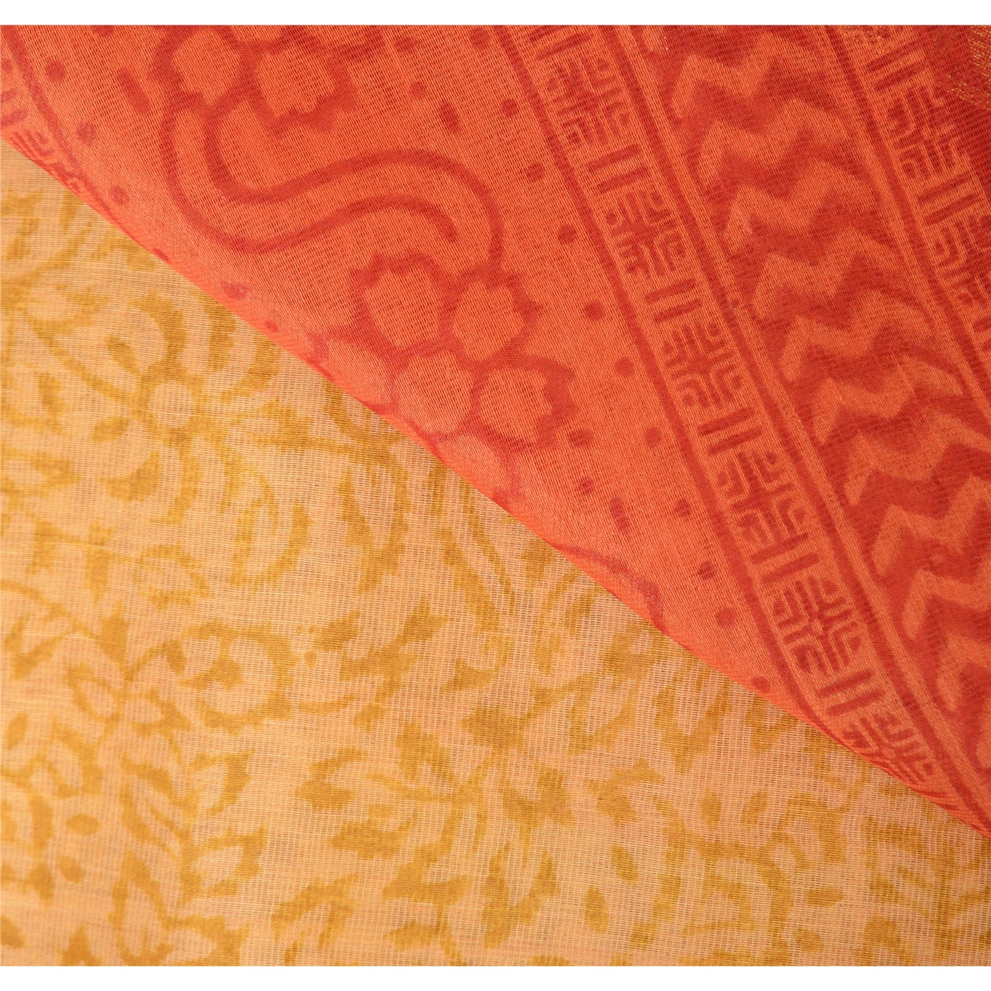 Sanskriti Vintage Red/Yellow Sarees Cotton Silk Block Printed Ethnic Sari Fabric