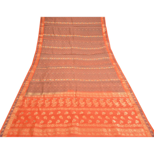 Sanskriti Vintage Orange Sarees 100% Pure Silk Woven Premium Sari Craft Sustainable Fabric