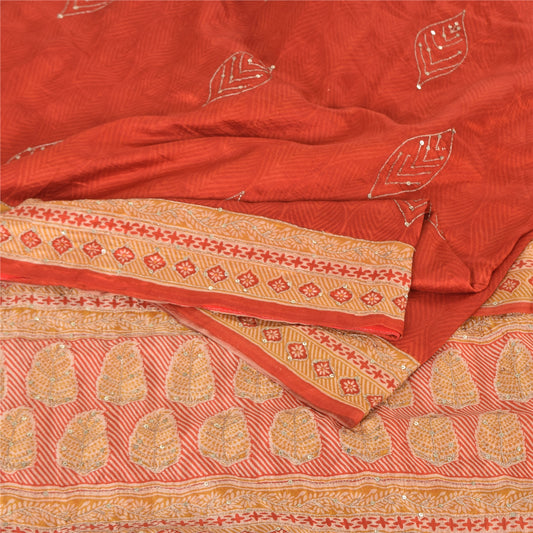 Sanskriti Vintage Orange/Cream Sarees 100Pure Silk Hand Beaded Sari Craft Sustainable Fabric