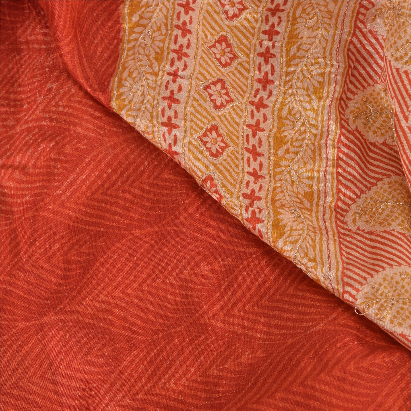 Sanskriti Vintage Orange/Cream Sarees 100Pure Silk Hand Beaded Sari Craft Sustainable Fabric