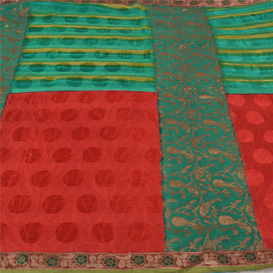 Sanskriti Vintage Woven Patch-Printed Pure Georgette Saree Red-Green Sari Fabric