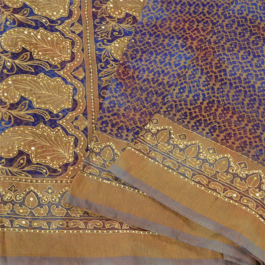 Sanskriti Vintage Hand Beaded Woven Organza Blue Saree Sari Indian Craft Fabric