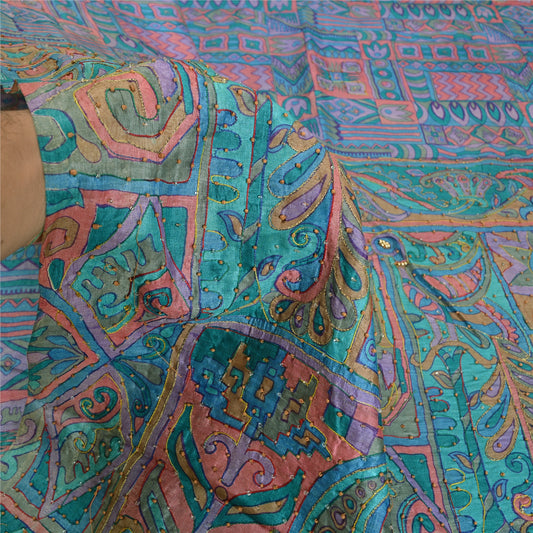 Sanskriti Vintage Multicolor Sarees 100% Pure Silk Hand Beaded Sari Craft Fabric