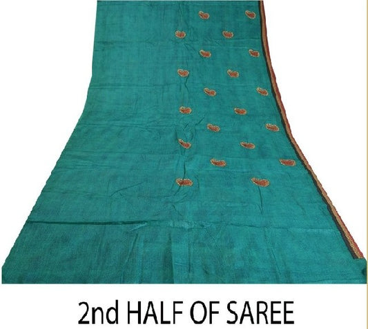 Sanskriti Vintage Teal Sarees 100% Pure Silk Embroidered Sari Craft Sustainable Fabric