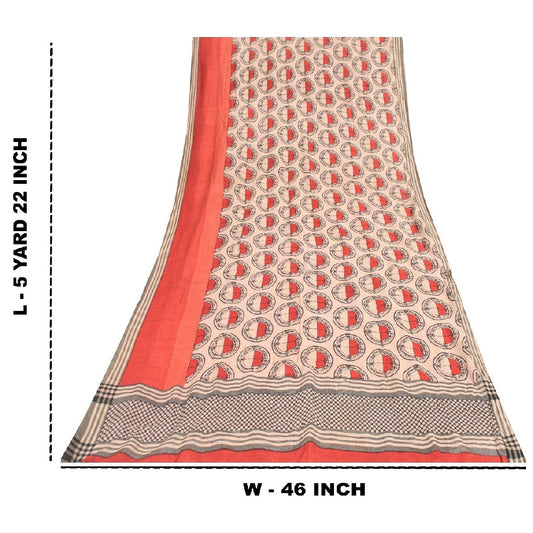 Sanskriti Vintage Ivory/Red Sarees Pure Silk Block Printed Sari Craft Sustainable Fabric