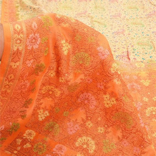 Sanskriti Vintage Orange/Ivory Sarees 100% Pure Silk Woven Premium Sari Sustainable Fabric