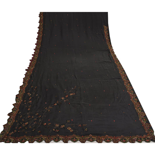 Санскритские винтажные черные сари из чистого крепированного шелка, расшитые вручную бисером, культурное сари из устойчивой ткани