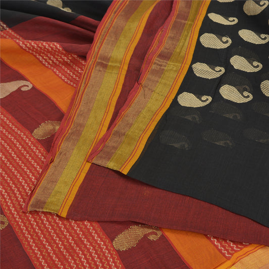 Sanskriti Vintage Black/Dark Red Sarees 100% Pure Cotton Woven Sari Craft Sustainable Fabric