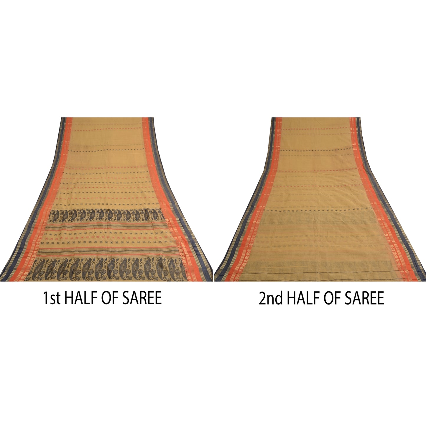 Sanskriti Vintage Beige Indian Sarees Pure Cotton Woven Premium Sari Sustainable Fabric