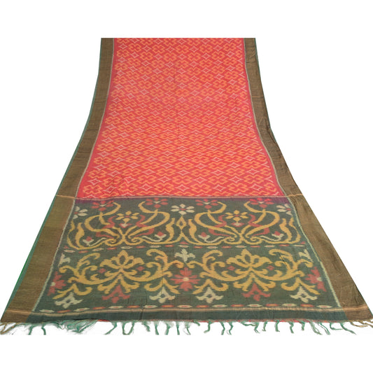 Sanskriti Vintage Red/Grey Indian Sarees Pure Cotton Woven Ikat Sari Sustainable Fabric