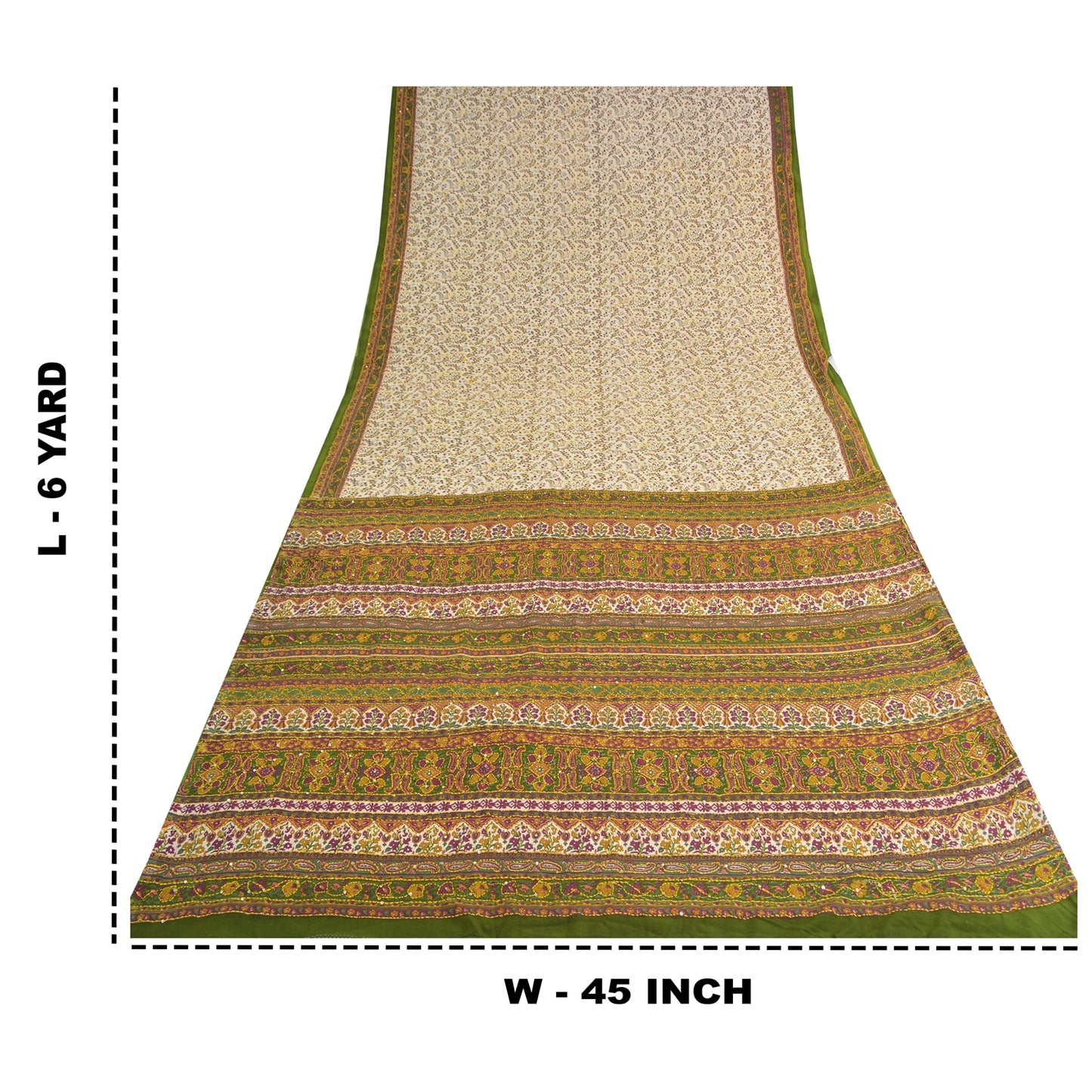 Sanskriti Vintage Cream/Green Indian Sarees Crepe Hand Beaded Kantha Sari Sustainable Fabric