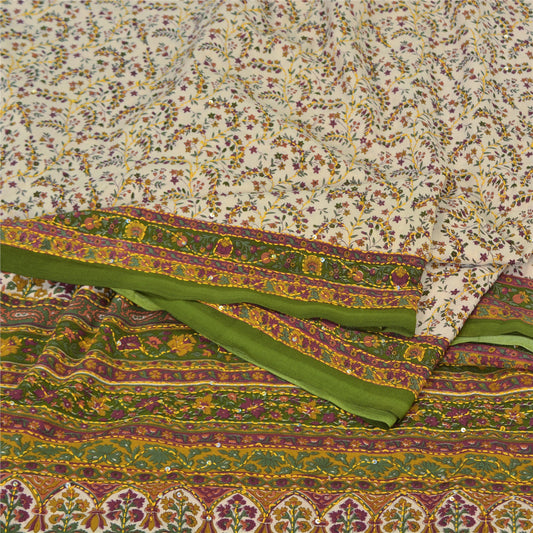 Sanskriti Vintage Cream/Green Indian Sarees Crepe Hand Beaded Kantha Sari Sustainable Fabric