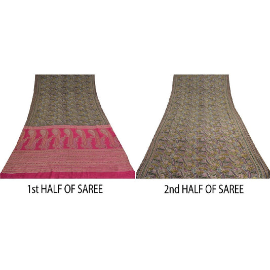 Sanskriti Vintage Black/Pink Sarees Pure Silk Handmade Mukeish Work Sari Sustainable Fabric