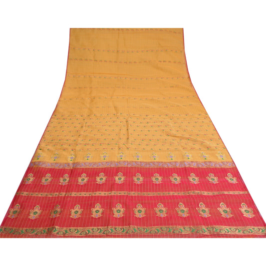 Sanskriti Vintage Yellow/Pink Sarees Pure Silk Brocade/Banarasi Zari Sari Sustainable Fabric