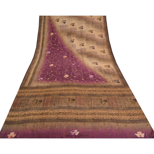 Sanskriti Vintage Brown/Purple Sarees Pure Crepe Silk Hand Beaded Sari Sustainable Fabric
