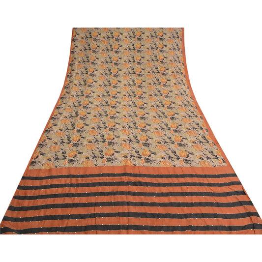 Sanskriti Vintage Brown/Orange Sarees Pure Silk Hand Beaded Kantha Sari Sustainable Fabric