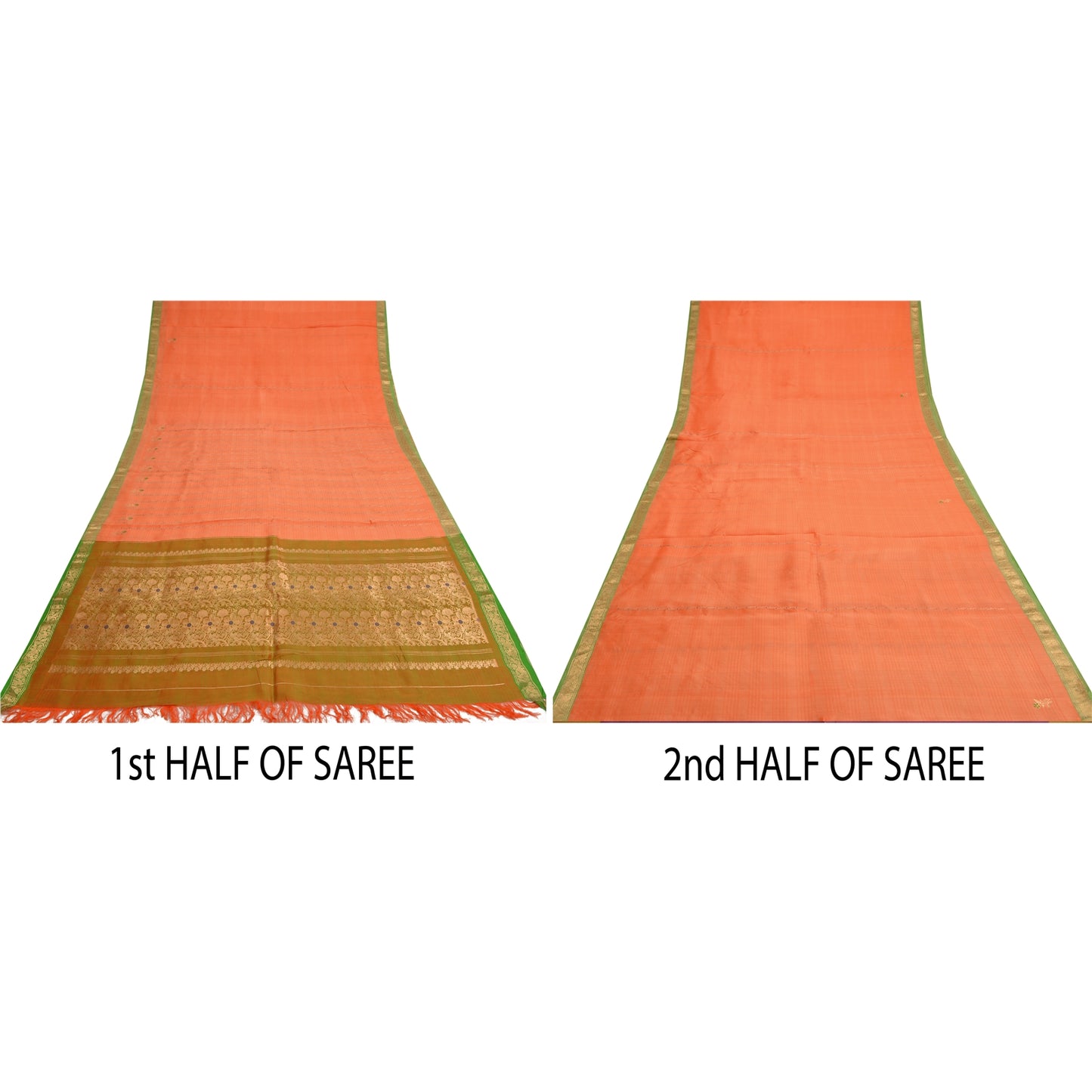 Sanskriti Vintage Orange/Green Sarees Pure Silk Woven Brocade Sari Sustainable Fabric