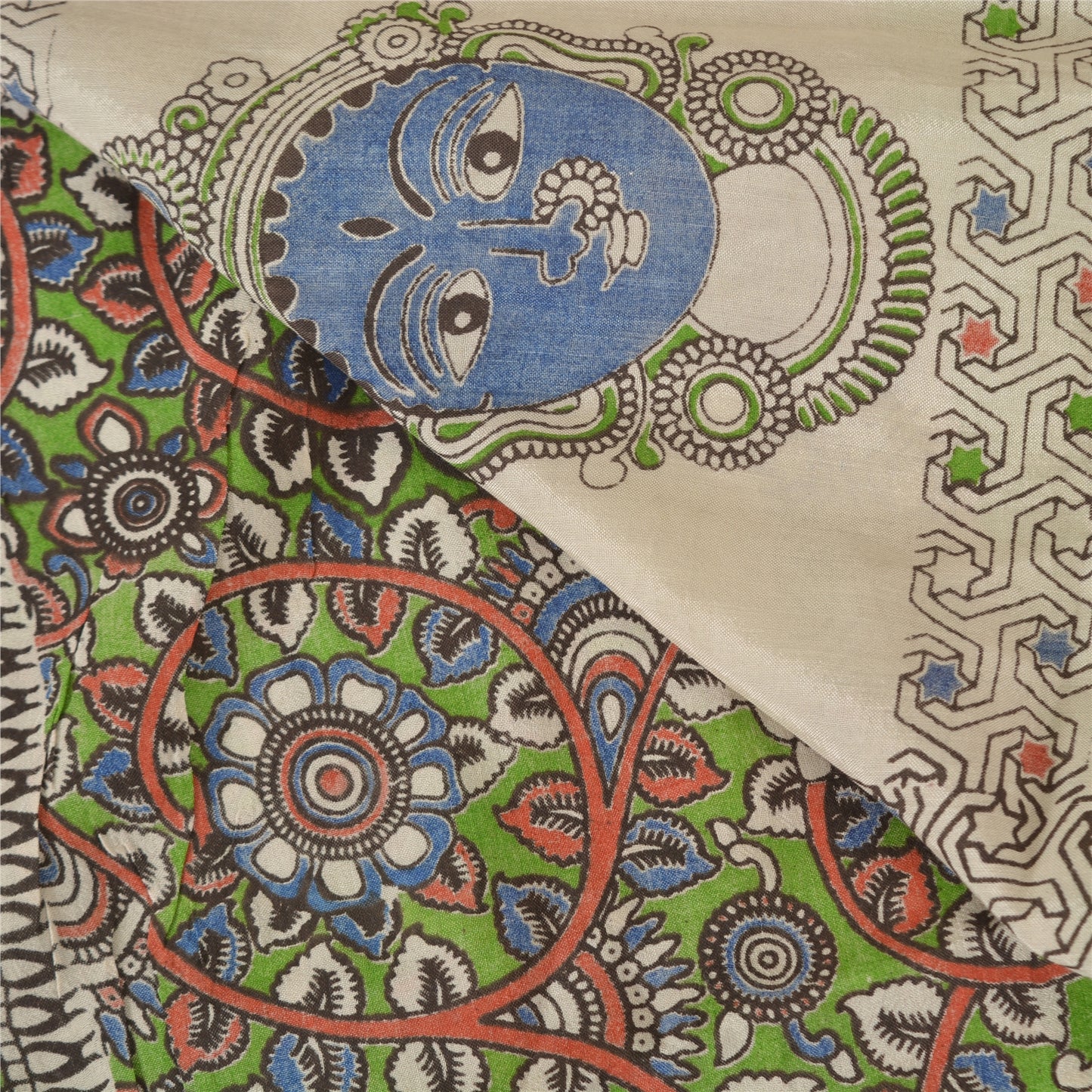 Sanskriti Vintage Sarees Green Handmade Kalamkari Pure Cotton Sari Craft Sustainable Fabric