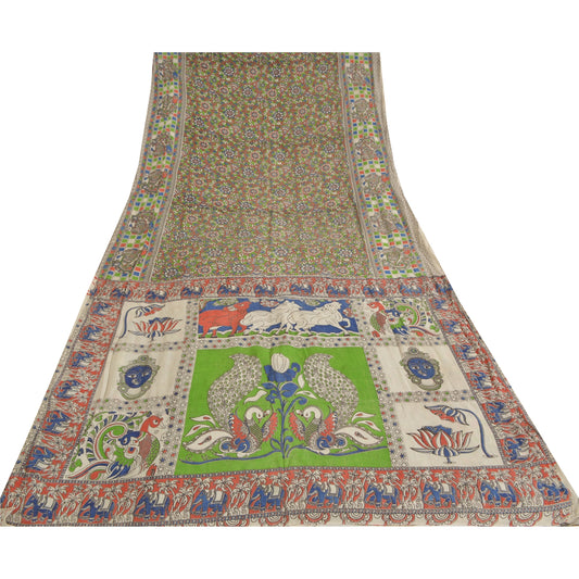 Sanskriti Vintage Sari 100% Pure Cotton Sarees Green Handmade Kalamkari 5yd Craft Fabric Create- Upcycled Sarongs, Scarves, or Stoles