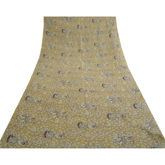 Sanskriti Vintage Sarees Yellow/Ivory HandBlockKalamkari Pure Cotton Sari Sustainable Fabric