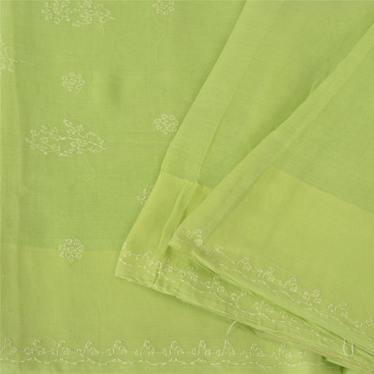 Sanskriti Vintage Sarees Green Hand Embroidered Chikankari Sari 5yd Craft Sustainable Fabric