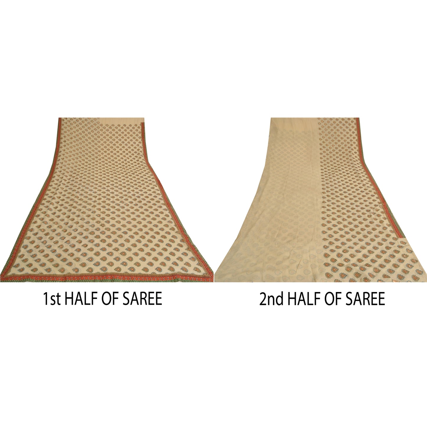 Sanskriti Vintage Sarees Cream Embroidered Pure Georgette Sari 5yd Craft Fabric