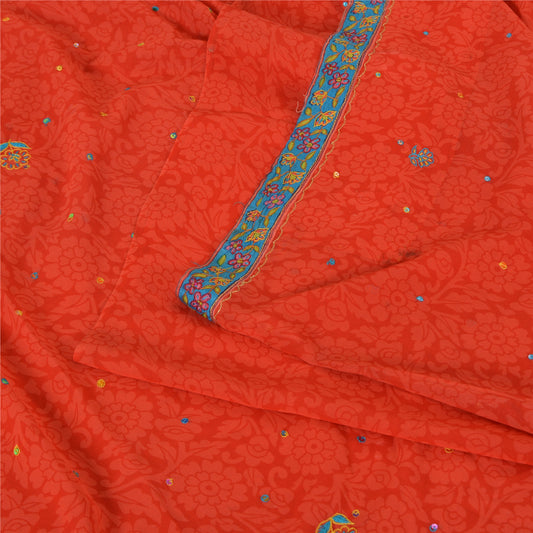 Sanskriti Vintage Sarees Orange Embroidered Pure Georgette Sari 5yd Craft Sustainable Fabric