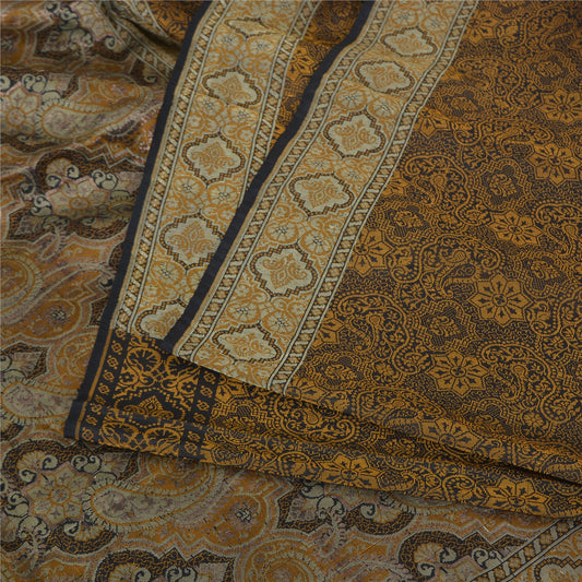 Sanskriti Vintage Sarees Black/Mustard Hand Woven Pure Silk Sari Craft Fabric