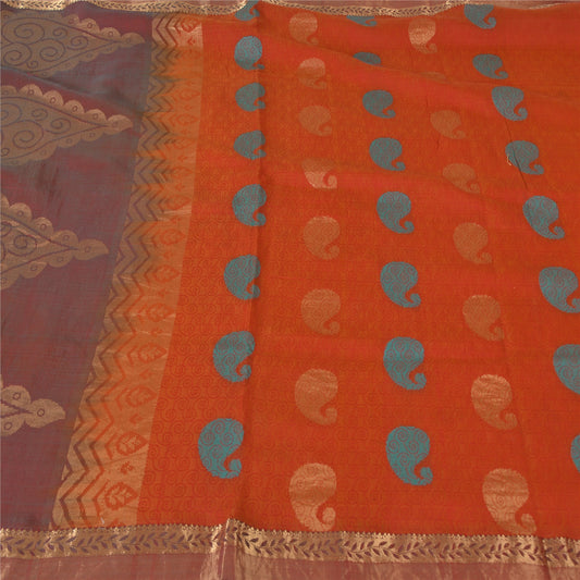 Sanskriti Vintage Sarees Orange 100% Pure Silk Zari Woven Sari 5yd Craft Sustainable Fabric