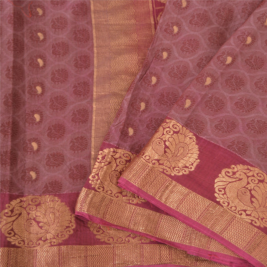 Sanskriti Vintage Sarees Purple Pure Silk Peacock Hand Woven Sari Craft Sustainable Fabric