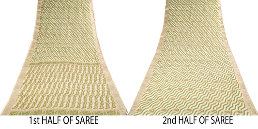 Sanskriti Vintage Saree White-Green Pure Silk Paisley Woven Craft Fabric 5YDSari