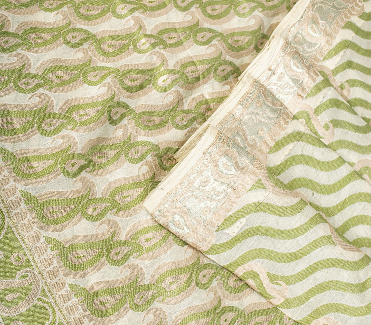 Sanskriti Vintage Saree White-Green Pure Silk Paisley Woven Craft Fabric 5YDSari